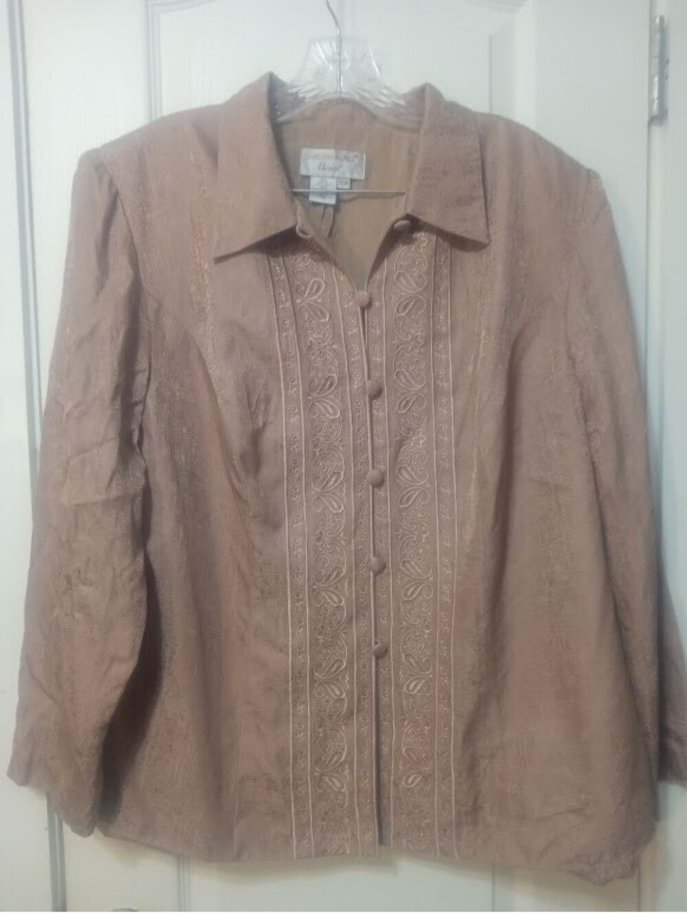 Bronze Silk Embroidered Button‑Up Blouse — Adrianna Papell, Size 20W